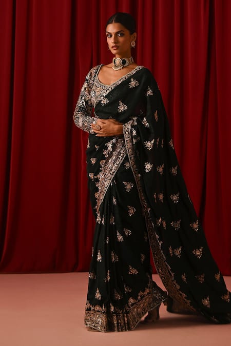 Buy_Lashkaraa_Green Silk, Net, Shantoon Sequins, Zari, Mirrors, Stones, Saree With Blouse _Online_at_Aza_Fashions