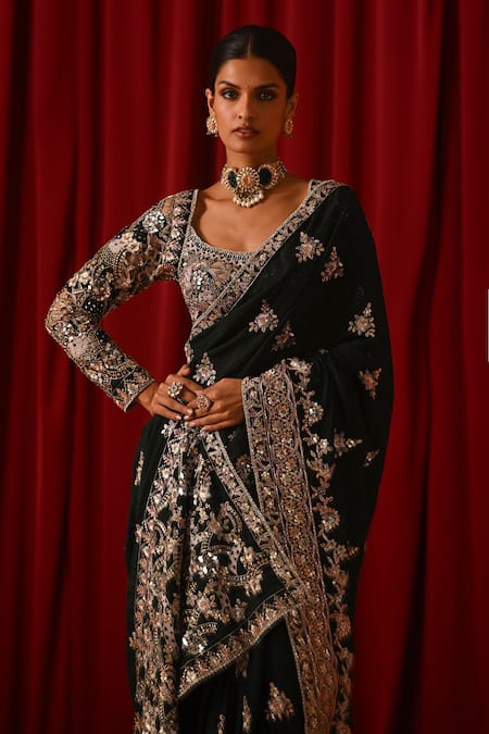 Shop_Lashkaraa_Green Silk, Net, Shantoon Sequins, Zari, Mirrors, Stones, Saree With Blouse _Online_at_Aza_Fashions