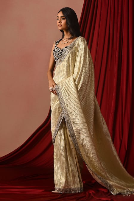 Buy_Lashkaraa_Cream Brocade, Velvet Sequins, Zari, Embroidery Square Neck Saree With Blouse _Online_at_Aza_Fashions
