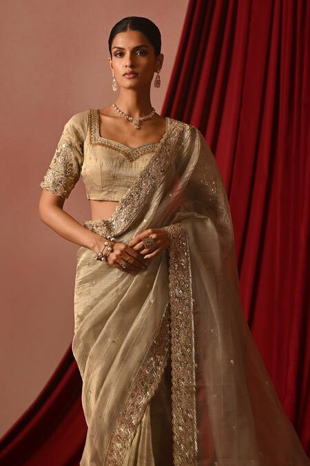 Buy_Lashkaraa_Cream Tissue Sequins, Zari, Embroidery Sweetheart Neck Saree With Blouse _Online_at_Aza_Fashions