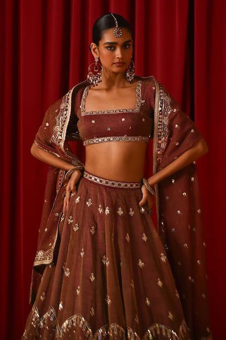 Buy_Lashkaraa_Brown Tissue Sequins, Zari, Embroidery Square Neck Lehenga Set _Online_at_Aza_Fashions