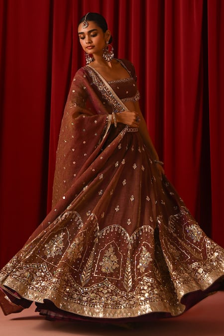 Shop_Lashkaraa_Brown Tissue Sequins, Zari, Embroidery Square Neck Lehenga Set _Online_at_Aza_Fashions