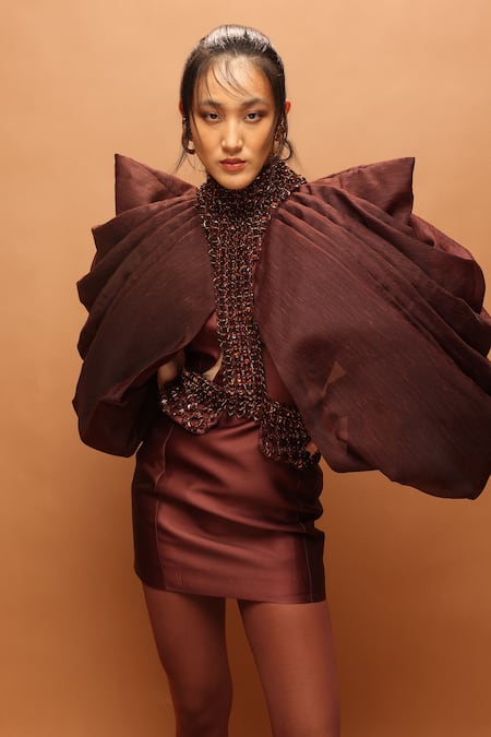 Shop_Pankaj & Nidhi_Brown Twill Beads High , Round Araquis Dune Sentinel Cape With Dress _Online_at_Aza_Fashions