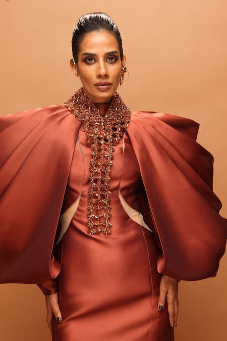 Pankaj & Nidhi_Rust Twill Beads High , Round Araquis Sculpted Oasis Cape With Dress _Online_at_Aza_Fashions