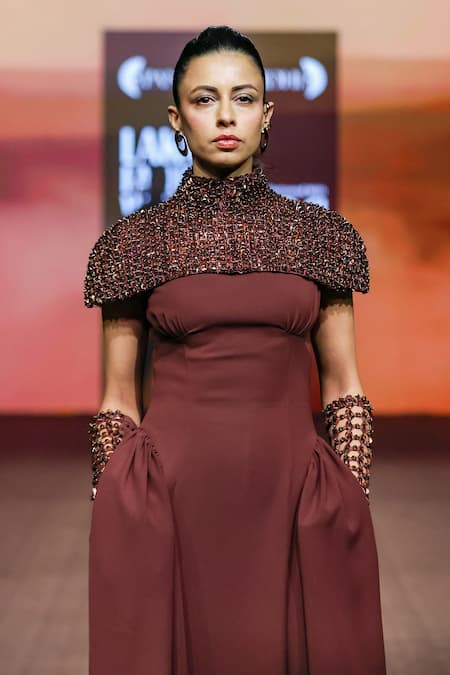 Pankaj & Nidhi_Brown Crepe High , Bandeau Araquis Desert Regent Cape With Dress _Online_at_Aza_Fashions