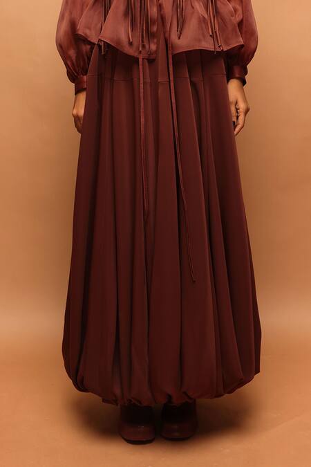 Pankaj & Nidhi_Brown Silk Organza, Crepe Applique, Fringe Araquis Burnished Jacket And Skirt Set _Online_at_Aza_Fashions