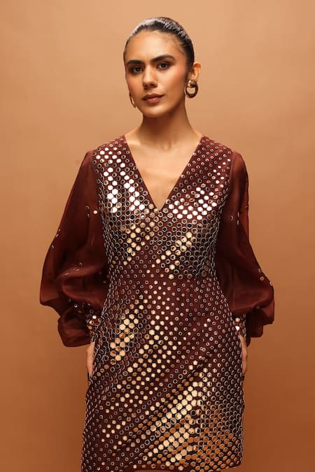 Pankaj & Nidhi_Brown Tulle, Silk Organza Applique V-neck Araquis Gleaming Hexa Dress _Online_at_Aza_Fashions