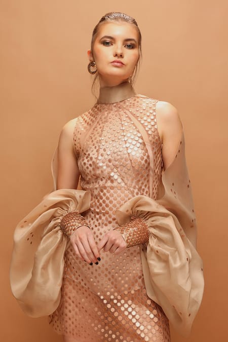 Pankaj & Nidhi_Gold Tulle, Silk Organza High Neck Araquis Galaxy Sheer Dress With Sleeves _Online_at_Aza_Fashions