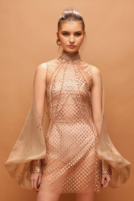 Buy_Pankaj & Nidhi_Gold Tulle, Silk Organza High Neck Araquis Galaxy Sheer Dress With Sleeves _Online_at_Aza_Fashions