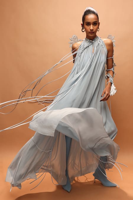 Pankaj & Nidhi_Blue Tulle, Silk, Georgette Fringe Halter , High Araquis Icelume Dress _Online_at_Aza_Fashions
