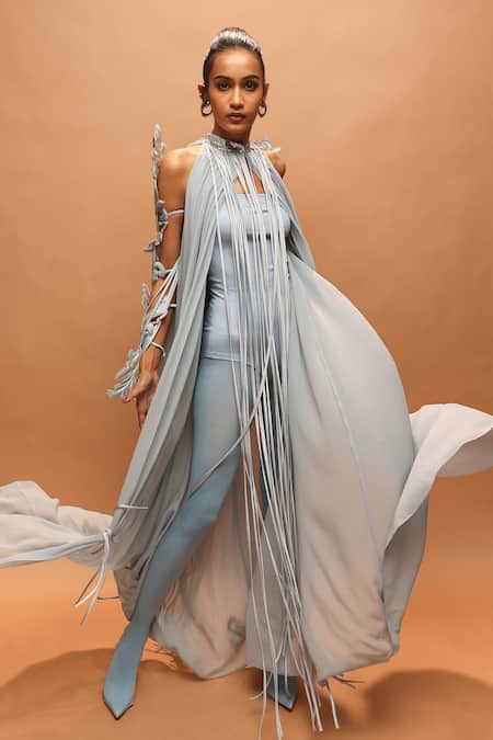 Buy_Pankaj & Nidhi_Blue Tulle, Silk, Georgette Fringe Halter , High Araquis Icelume Dress _Online_at_Aza_Fashions