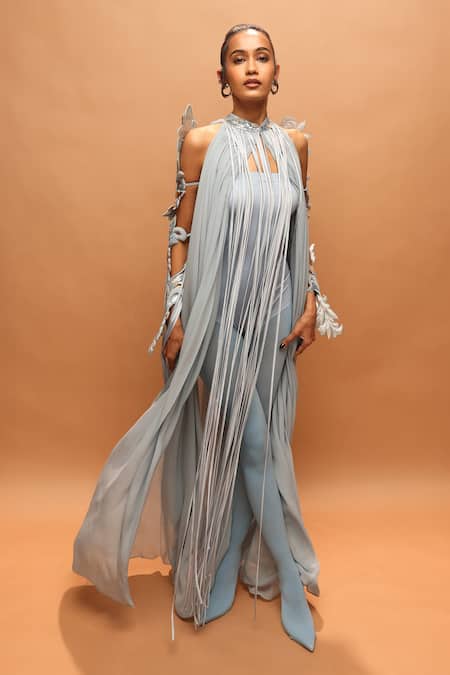 Shop_Pankaj & Nidhi_Blue Tulle, Silk, Georgette Fringe Halter , High Araquis Icelume Dress _Online_at_Aza_Fashions