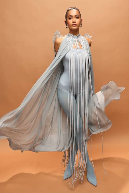 Pankaj & Nidhi_Blue Tulle, Silk, Georgette Fringe Halter , High Araquis Icelume Dress _at_Aza_Fashions