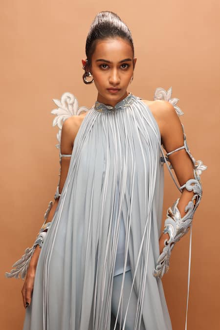 Buy_Pankaj & Nidhi_Blue Tulle, Silk, Georgette Fringe Halter , High Araquis Icelume Dress 