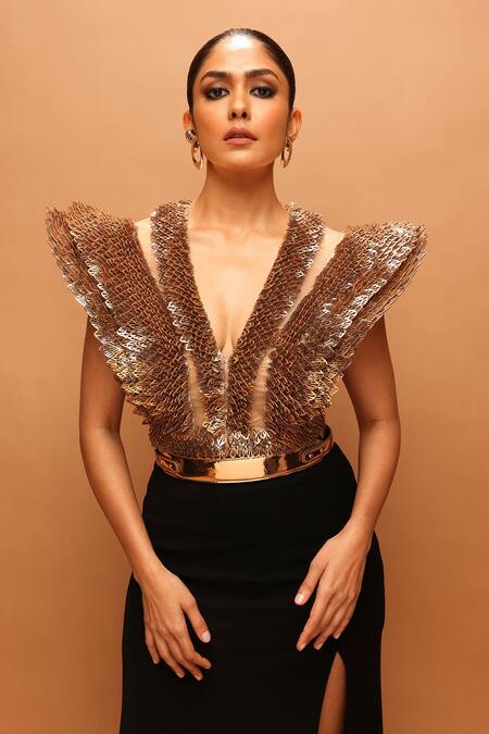 Pankaj & Nidhi_Gold Crepe Araquis Requiem Harness And Slit Skirt Set _Online_at_Aza_Fashions