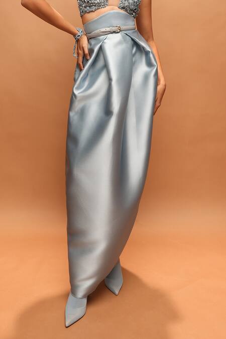 Buy_Pankaj & Nidhi_Sky Blue Twill Araquis Azure Eclipse Harness And Skirt Set _Online_at_Aza_Fashions