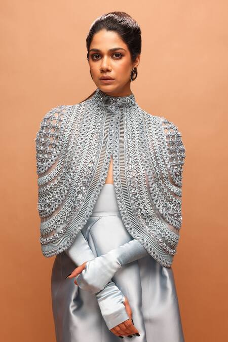 Pankaj & Nidhi_Blue Twill High Neck Araquis Astral Frost Cape And Skirt Set _Online_at_Aza_Fashions