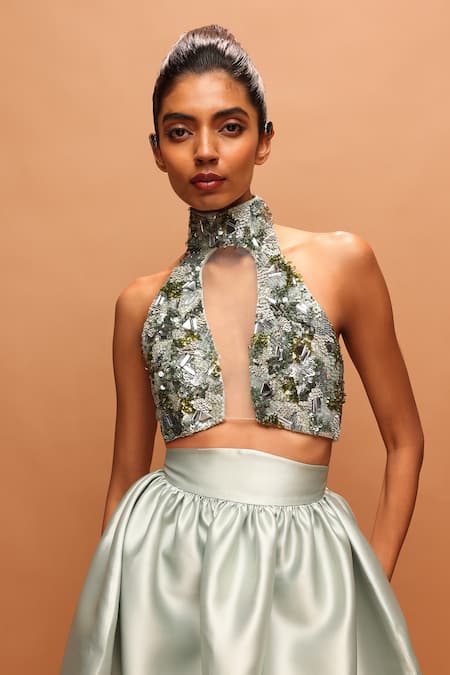 Pankaj & Nidhi Araquis Seafoam Whisper Harness Top & Skirt Set 