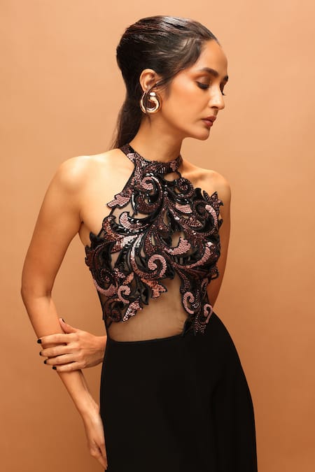 Pankaj & Nidhi_Black Tulle, Crepe Sequins, Embroidery, Cut Work Halter Araquis Noir Aurum Dress _Online_at_Aza_Fashions