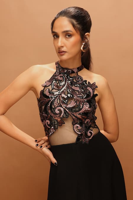 Buy_Pankaj & Nidhi_Black Tulle, Crepe Sequins, Embroidery, Cut Work Halter Araquis Noir Aurum Dress _Online_at_Aza_Fashions