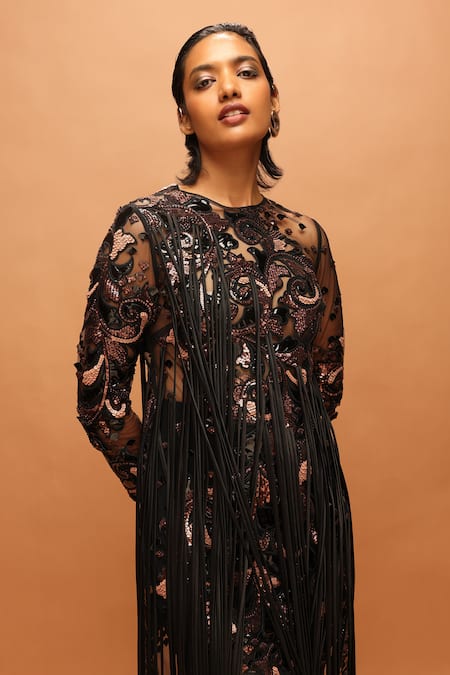 Pankaj & Nidhi_Black Tulle, Satin Sequins, Fringe, Embroidery Round Neck Araquis Corvus Dress _Online_at_Aza_Fashions