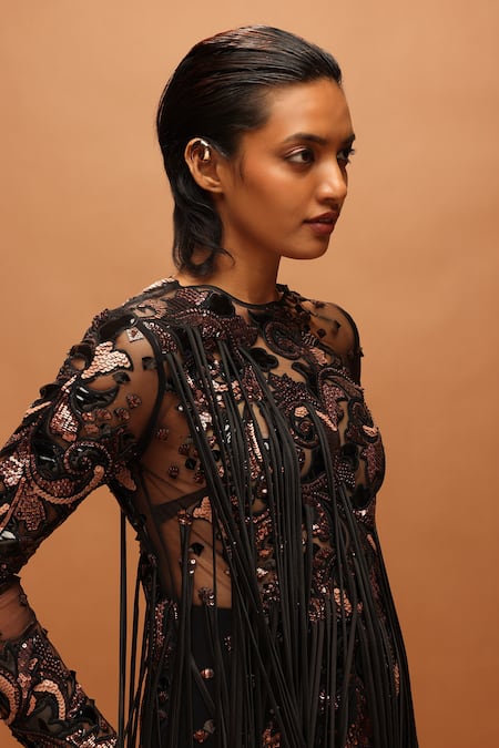 Buy_Pankaj & Nidhi_Black Tulle, Satin Sequins, Fringe, Embroidery Round Neck Araquis Corvus Dress _Online_at_Aza_Fashions
