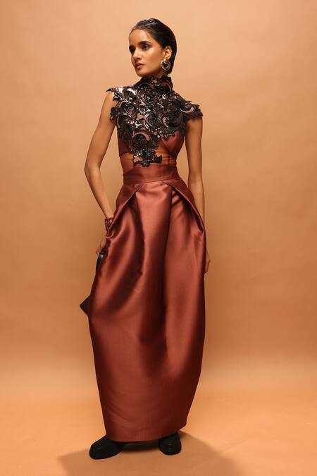 Buy_Pankaj & Nidhi_Orange Tulle, Twill Applique, Sequins, The Copper Zenith Harness Top And Skirt Set _Online_at_Aza_Fashions