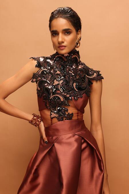 Shop_Pankaj & Nidhi_Orange Tulle, Twill Applique, Sequins, The Copper Zenith Harness Top And Skirt Set _Online_at_Aza_Fashions