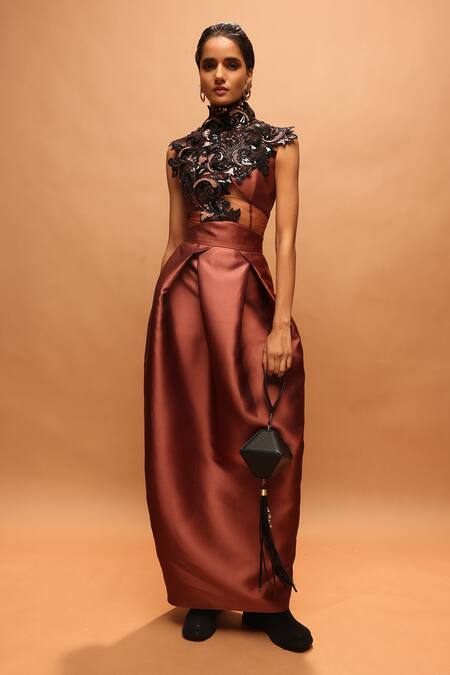 Pankaj & Nidhi_Orange Tulle, Twill Applique, Sequins, The Copper Zenith Harness Top And Skirt Set _at_Aza_Fashions