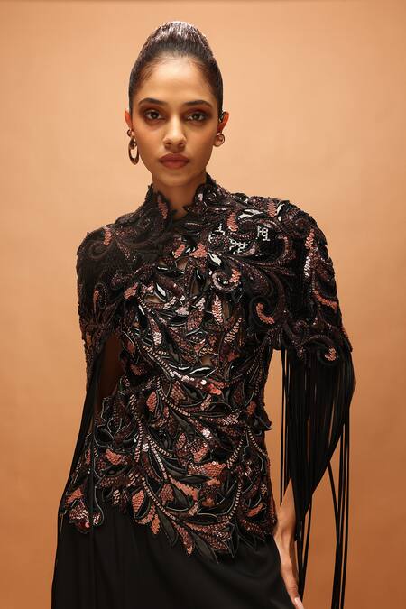 Pankaj & Nidhi_Black Wool High Neck Araquis Embroidered Cape Pant Set _Online_at_Aza_Fashions