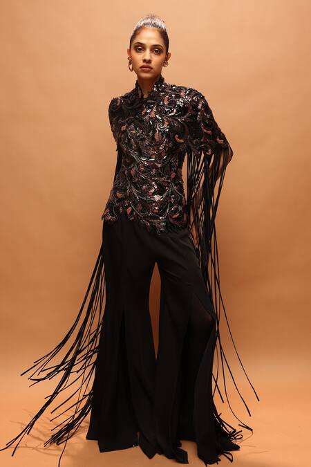 Pankaj & Nidhi_Black Wool High Neck Araquis Embroidered Cape Pant Set _at_Aza_Fashions