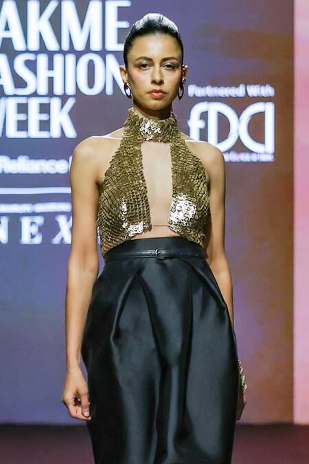 Pankaj & Nidhi_Gold Twill Araquis Celest Aurum Harness And Skirt Set _Online_at_Aza_Fashions