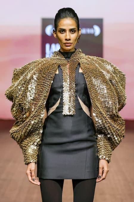 Pankaj & Nidhi_Black Twill High Neck Araquis Solstice Gleam Cape With Dress _Online_at_Aza_Fashions