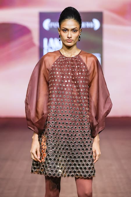 Pankaj & Nidhi_Brown Tulle, Silk Organza Applique Round Neck Araquis Dusk Glimmer Dress _Online_at_Aza_Fashions