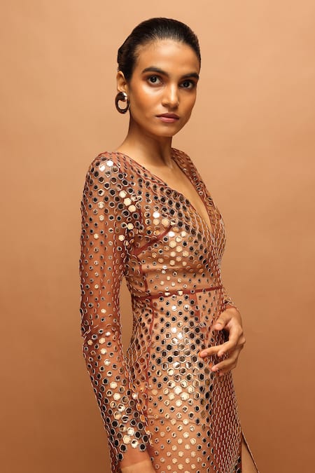 Pankaj & Nidhi_Brown Tulle Applique V-neck Araquis Aureum Embroidered Gown _Online_at_Aza_Fashions
