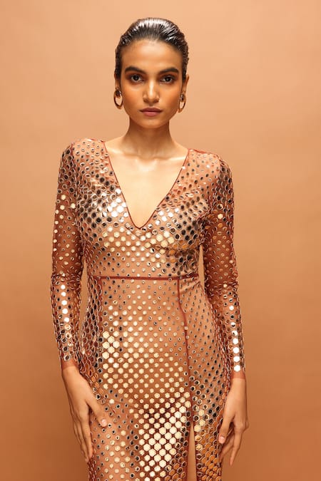 Buy_Pankaj & Nidhi_Brown Tulle Applique V-neck Araquis Aureum Embroidered Gown _Online_at_Aza_Fashions