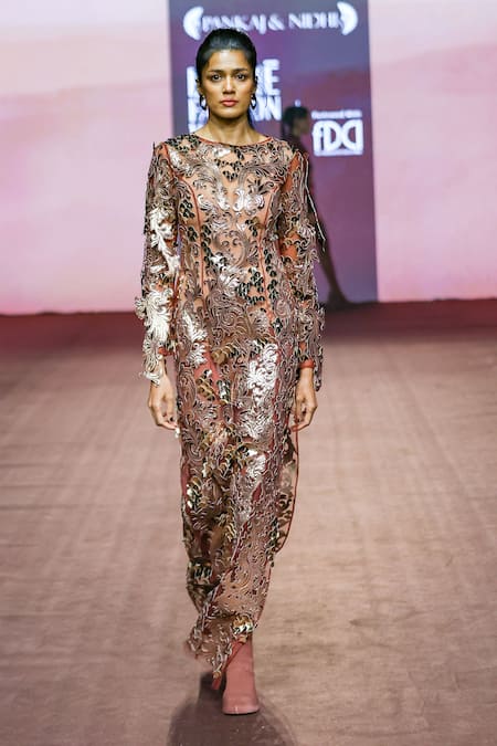 Pankaj & Nidhi_Brown Tulle Applique Round Neck Araquis Luminara Bronze Gown _Online_at_Aza_Fashions