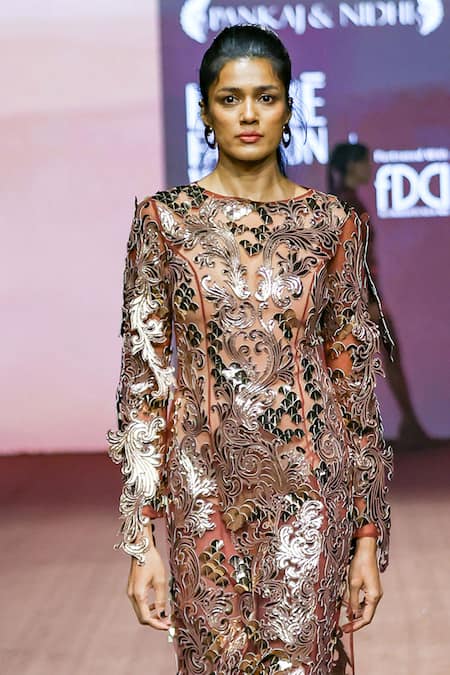 Buy_Pankaj & Nidhi_Brown Tulle Applique Round Neck Araquis Luminara Bronze Gown _Online_at_Aza_Fashions