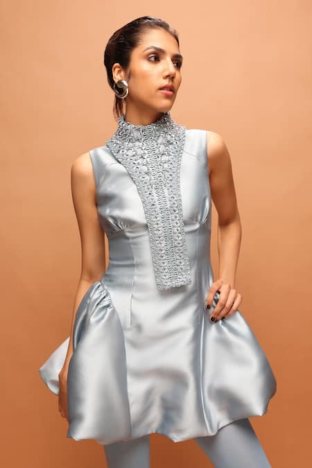 Pankaj & Nidhi_Blue Tulle, Twill Embroidery, Beads High Neck Araquis Ice Halo Mini Dress _Online_at_Aza_Fashions
