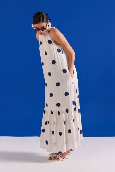 Zazu_Blue Modal, Satin Halter Neck Polka Dot Maxi Dress _Online_at_Aza_Fashions