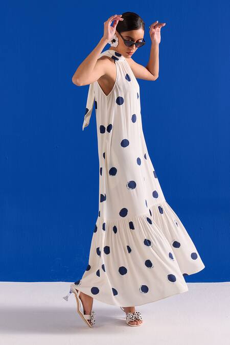 Zazu_Blue Modal, Satin Halter Neck Polka Dot Maxi Dress _at_Aza_Fashions
