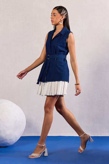Zazu_Blue Denim Buckles Collared Sleeveless Dress With Belt _Online_at_Aza_Fashions