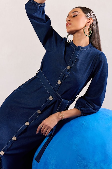 Zazu_Blue Denim Mandarin Collar Maxi Dress With Belt _Online_at_Aza_Fashions
