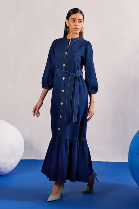 Buy_Zazu_Blue Denim Mandarin Collar Maxi Dress With Belt _Online_at_Aza_Fashions