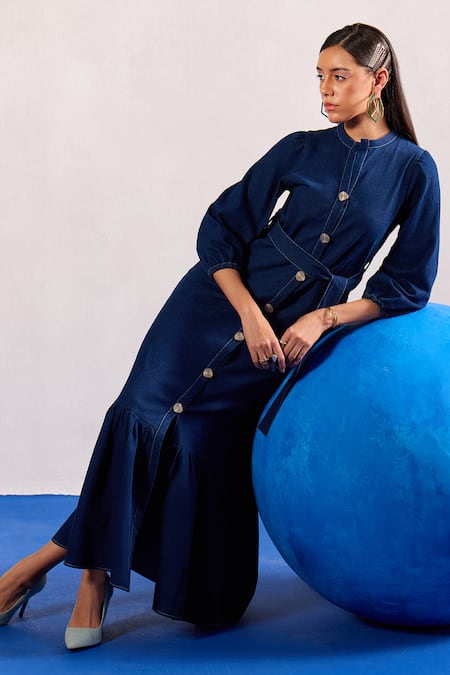 Shop_Zazu_Blue Denim Mandarin Collar Maxi Dress With Belt _Online_at_Aza_Fashions