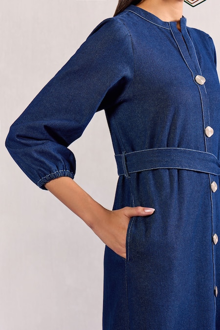 Zazu_Blue Denim Mandarin Collar Maxi Dress With Belt _at_Aza_Fashions