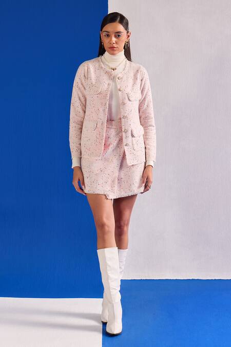Zazu_Pink Tweed Pearls Collarless Blazer And Skirt Set _Online_at_Aza_Fashions