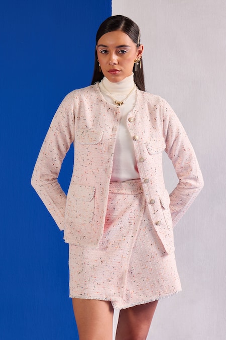 Zazu Tweed Collarless Blazer & Skirt Set 