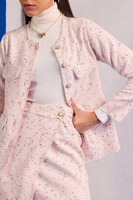 Shop_Zazu_Pink Tweed Pearls Collarless Blazer And Skirt Set _Online_at_Aza_Fashions