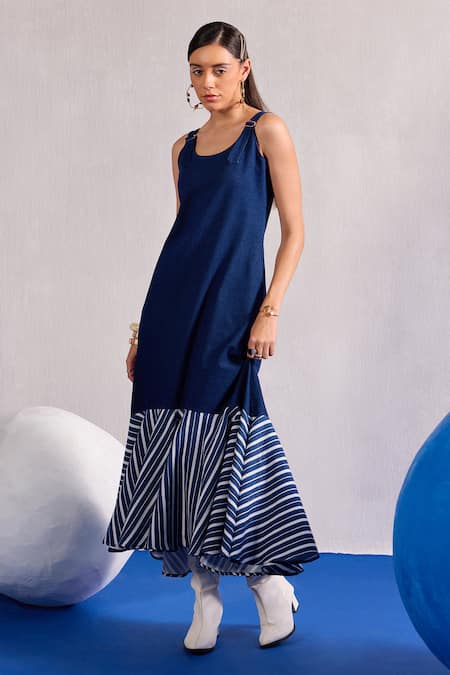 Zazu_Blue Denim, Cotton Round Neck And Striped Flounce Hem Maxi Dress _Online_at_Aza_Fashions